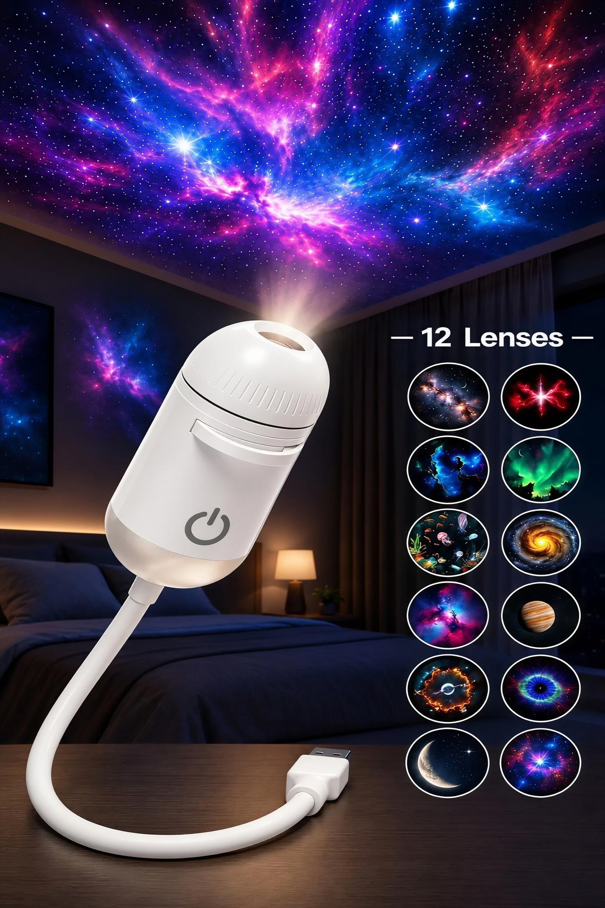 2 in 1 Galaxy Projector Night Light HD